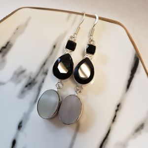 Onyx and Pearl Gemstone Drop Earrings